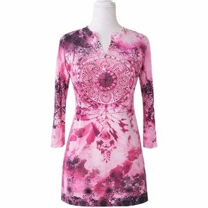 Chico’s Y2K Boho Rhinestone Mandala Tunic Top Pink Size 0